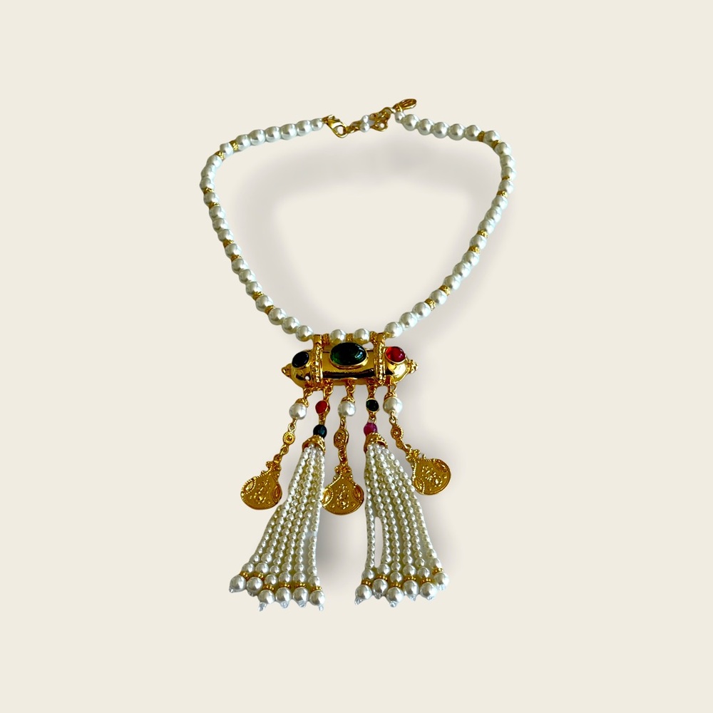 Ben Amun Pearl jeweled tassel gold tone necklace
